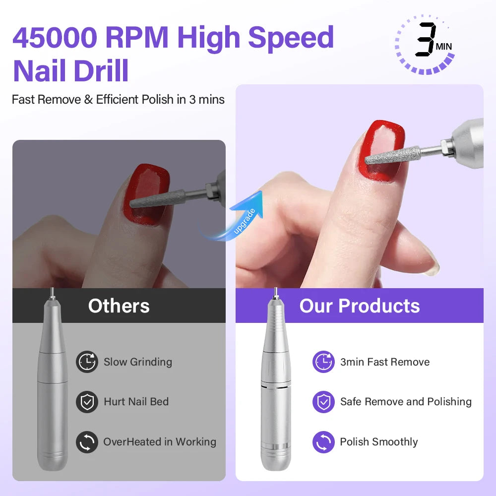 Professional 45000RPM Electric Portable Nail Drill Machine Rechargeable Low Noise Nail Sander File for Manicure Salon Tool