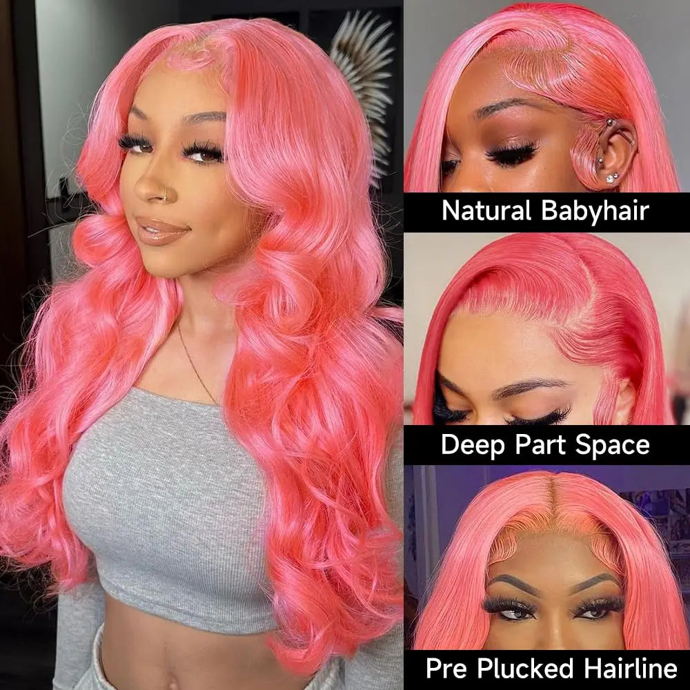 Pink Human Hair Wig Pre Plucked 30 32 Inch 13x4 HD Transparent Lace Front Wigs Human Hair  for Women 180% Density