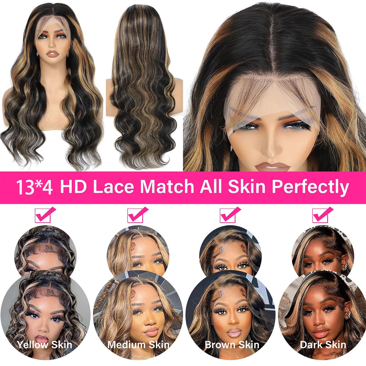 1B/27 Body Wave 13x4 Lace Frontal Highlight Wig Human Hair Brazilian 200 Density 30 Inch Ombre Blonde Colored Human Hair Wigs