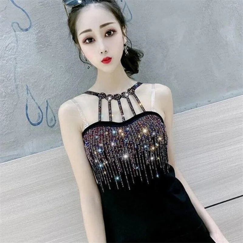 Hot Drilling Camisole Lady Sling Top Sexy Sleeveless Top For Women Sexy Streetwear Thin Diamond Camis Female Student Bottom Top