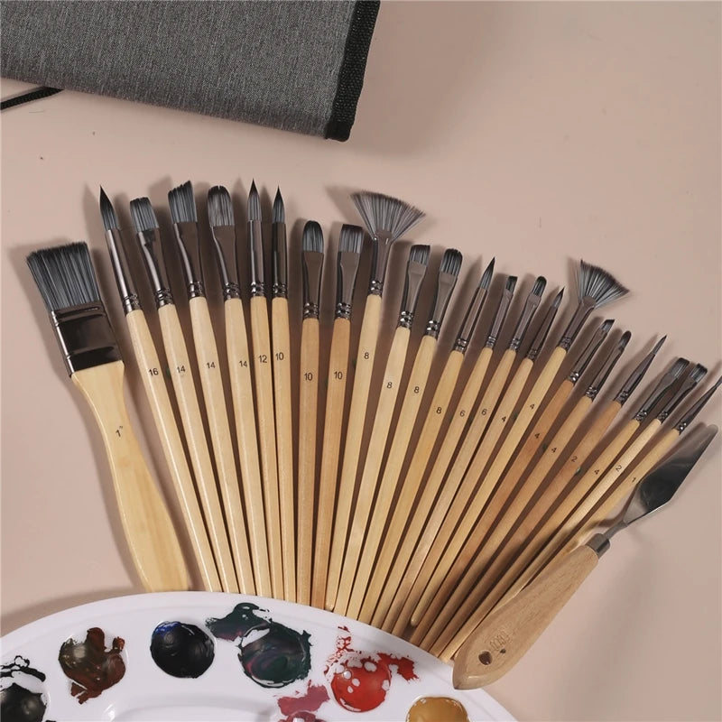 24pc Acrylic Paint Brush Scraper with Bag Nylon Hair for Multi Purpose Oil Watercolor Painting Artist Professional Kits