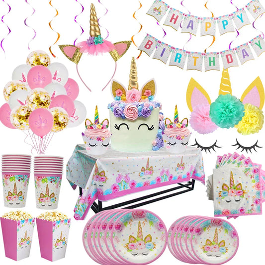 Rainbow Unicorn Birthday Supplies Set Unicorn Balloons Cups Plates Napkin Birthday party decorations Kid girl 1 2 3 4 5 year old