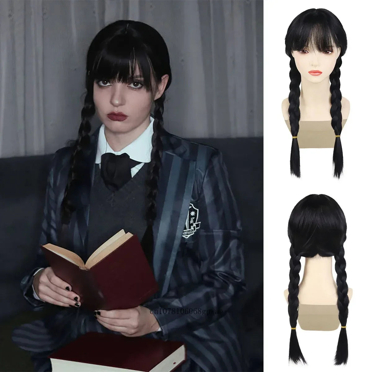 Halloween Cosplay Wigs Synthetic Long Braided Black Pigtail Wigs for Women Anime Wednesday Addams Costume Wig Carnival Party Use