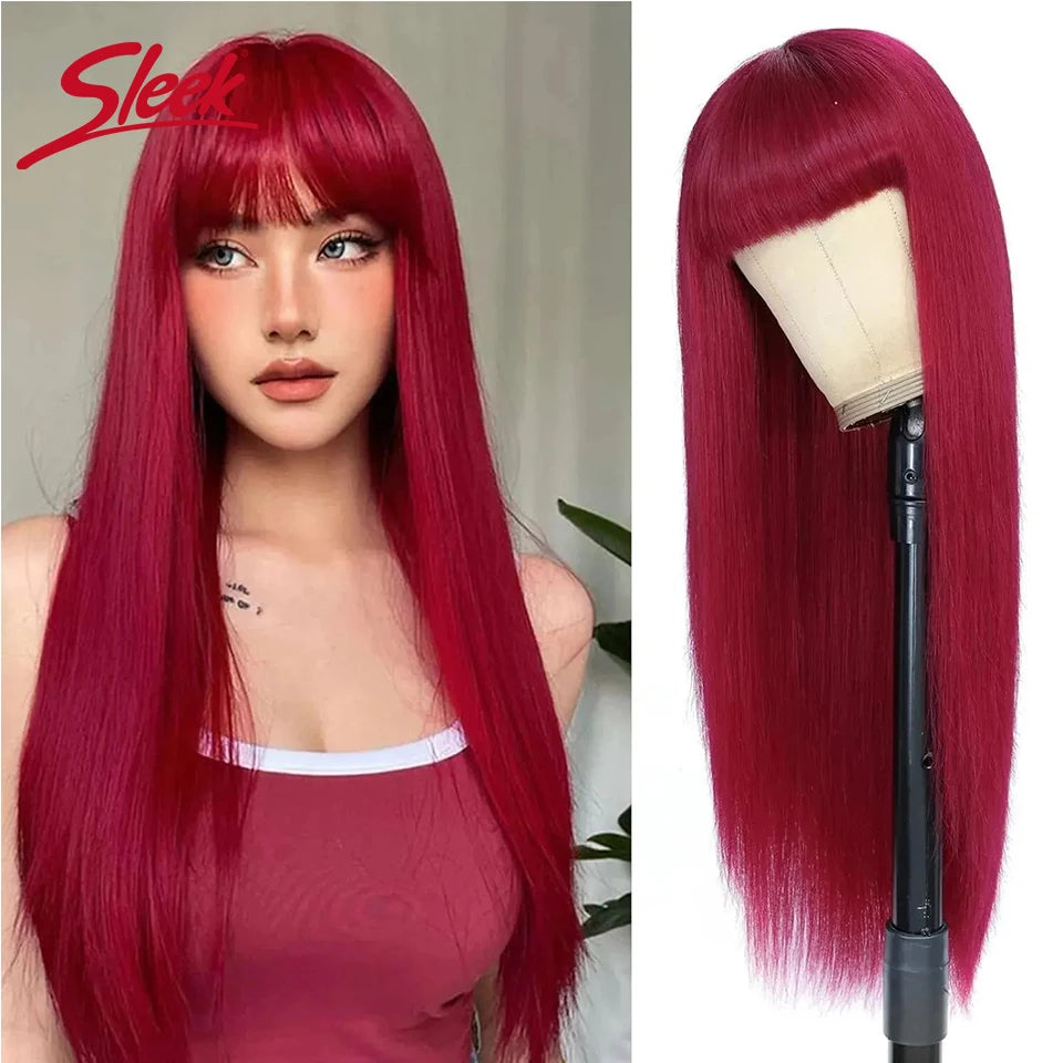 Sleek Human Hair Wigs With Bang Brazilian Straight Red Burgundy Human Hair Wigs Brown Color 4# For Black Women None Lace Wigs