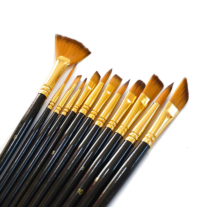 Multi-functional Watercolor Gouache 12 Pcs Short Wood Rod Oil Painting Brush Set Art Tool Beginner Nylon Hair Acrylic Materials