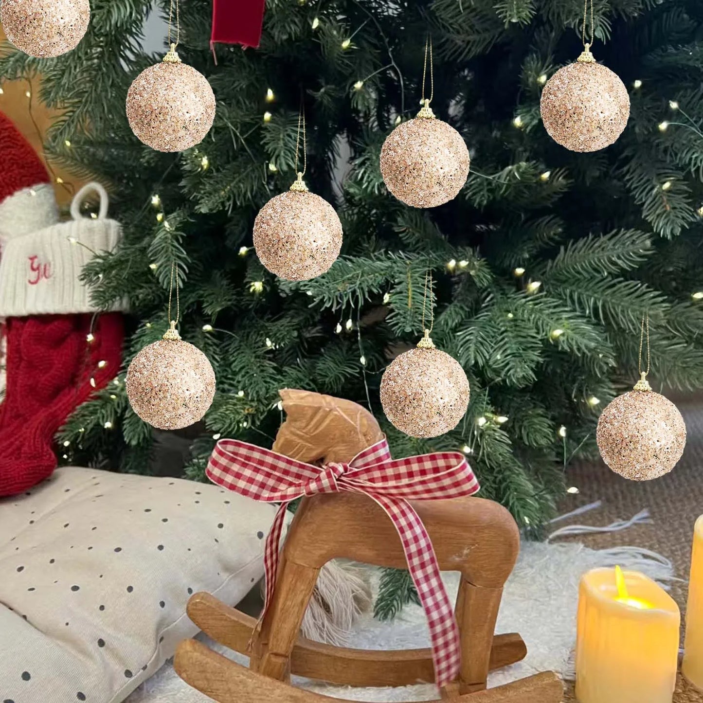 30/6pcs Glitter Champagne Gold Christmas Balls Sparkling Xmas Tree Hanging Ball Pendants Christmas New Year Party Decor Ornament