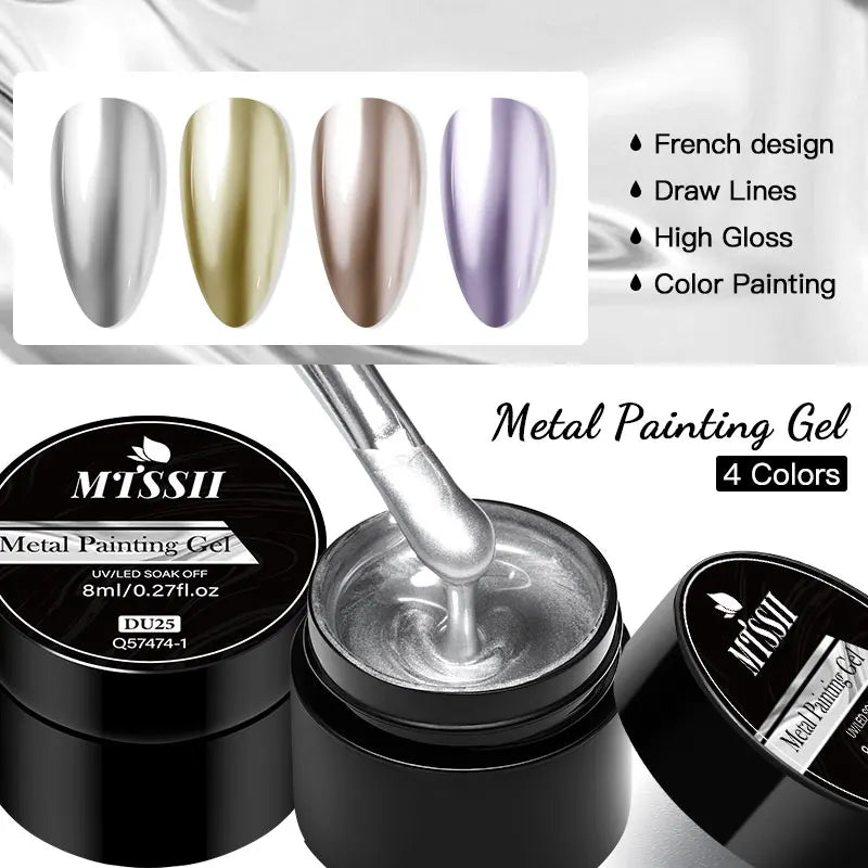 8ml Silver Gold Pink Metallic Painting Gel Nail Polish Nail Art Mirror Drawing Gel Nail Supplies Semi Permanent UV LED Varnish