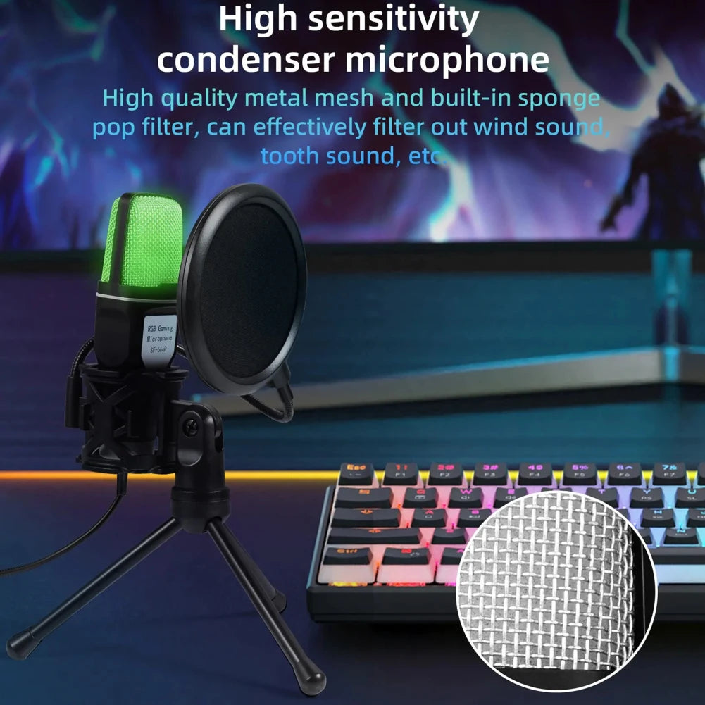 USB Wired Microphone Professional Video Recording RGB Condensador Gaming Mic with Stand For Podcast Studio Streaming Desktop