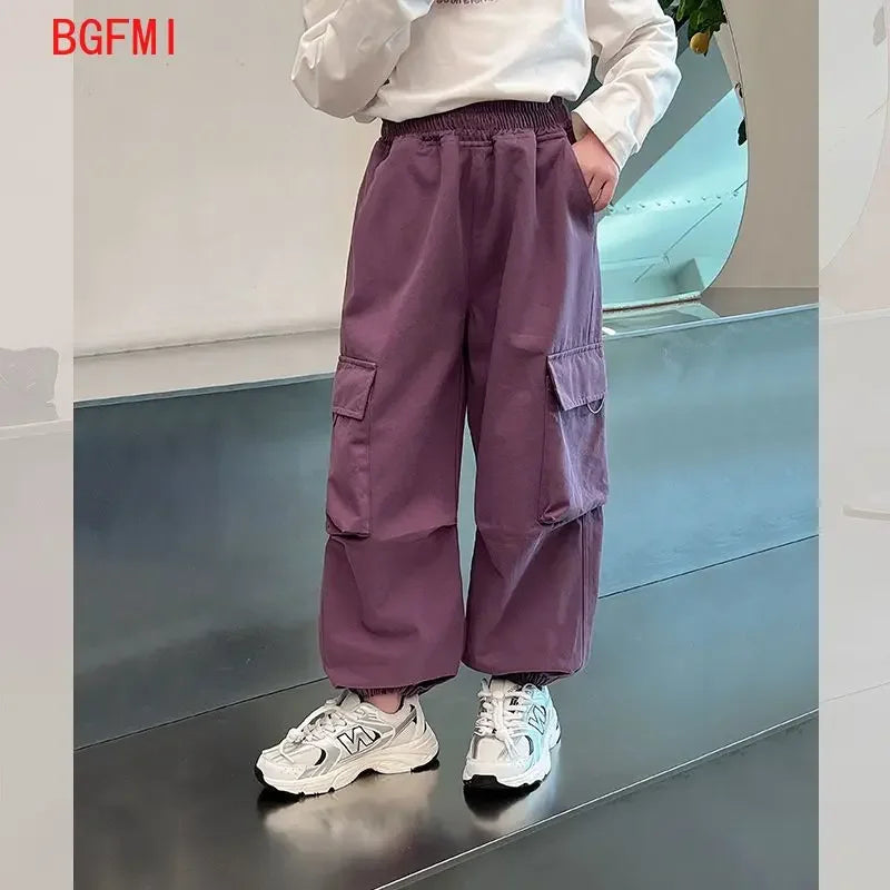 Girls Purple Casual Pants Big Children's Clothing Korean Black Cargo Long Pants Girls 2024 Spring Fashion New Cotton Trousers