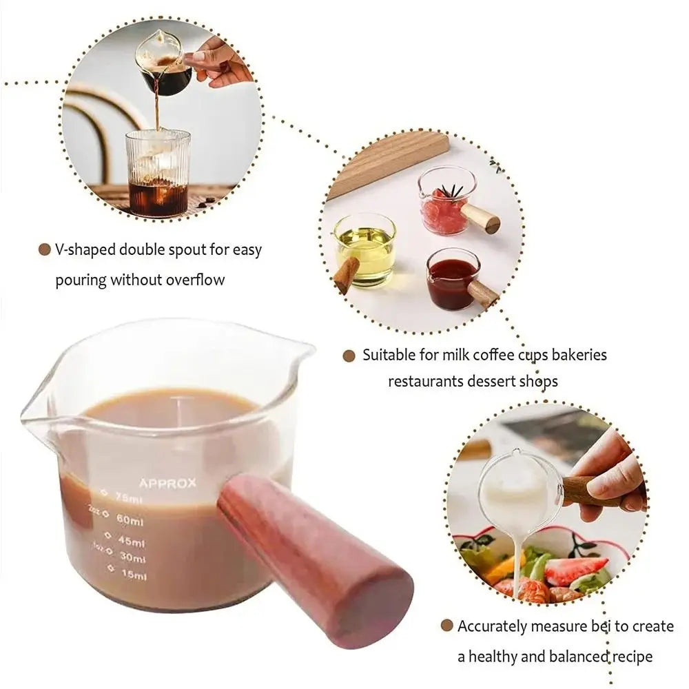 Measure Mug Espresso Measuring Cup Durable 75ml Double/Single Mouth Wood Handle Milk Jug Heat-resisting Glass Clear Kitchen Mug