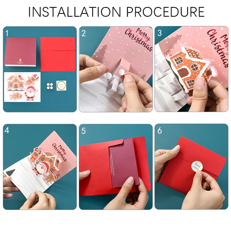 1set Merry Christmas 3D Pop UP Greeting Cards With Envelope Christmas Thank You Invitation Blessing Postcard New Year Xmas Noel