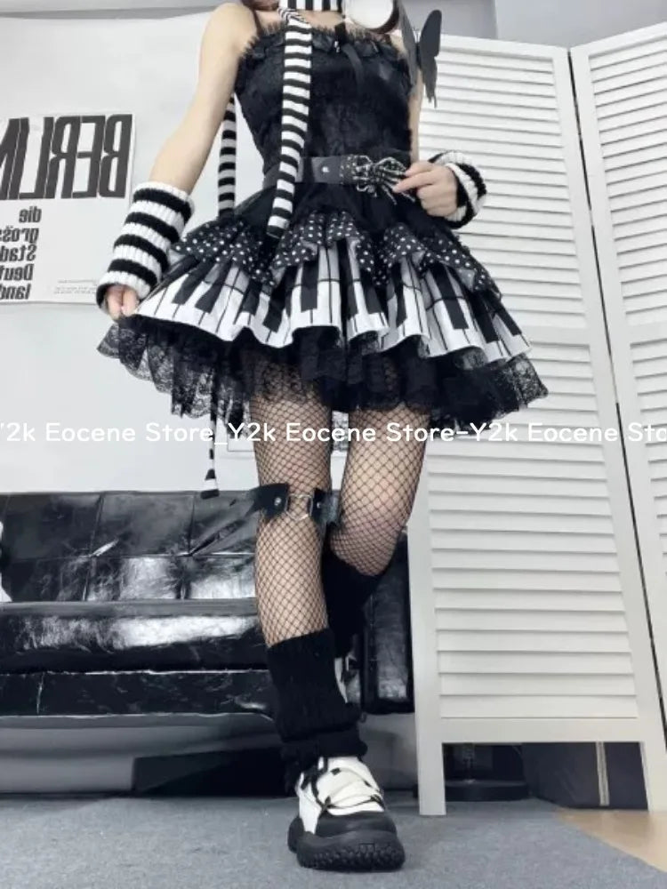 Y2k Dark Gothic Punk Black White Short Skirt Women Hot Chick Y2k Polka Dot Ruffle Cake Skirt Female Cute Chic Lolita Lace Skirts