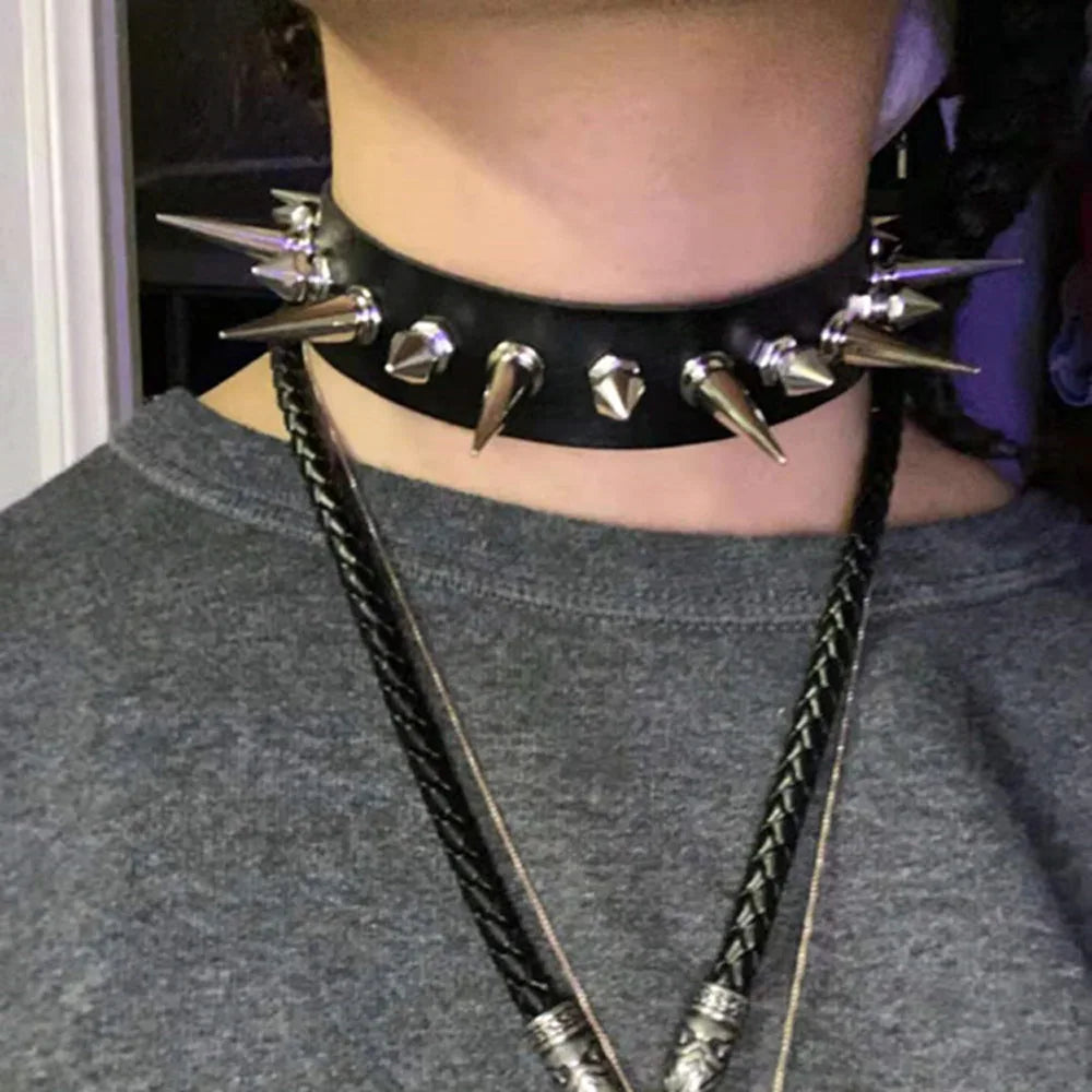 Punk Long Spike Choker PU Leather Collar for Women Men Cool Big Rivets Studded Chocker Goth Style Necklace Emo Accessories 2024