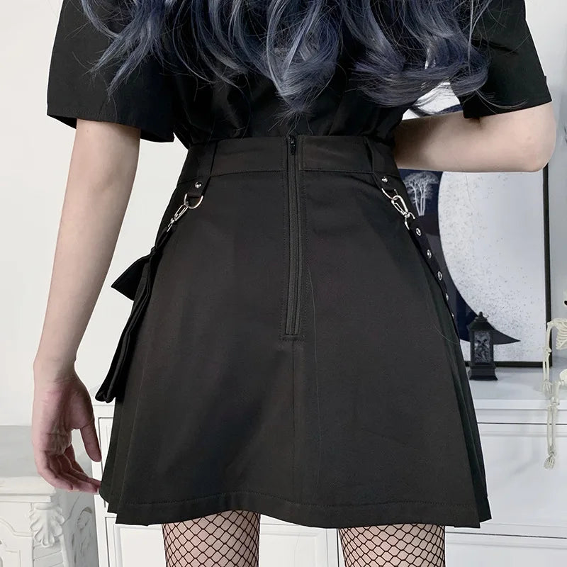 Harajuku Gothic Pocket Skirt Women 2023 Summer New A Line Sexy High Waist Preppy Streetwear Slim Split Female Goth Clothing