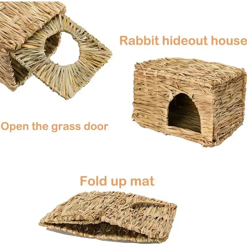 Foldable Woven Rabbit Cages Pets Hamster Guinea Pig Bunny Grass Chew Toy Mat House Bed Nests for Small Animal Rabbit Accessories