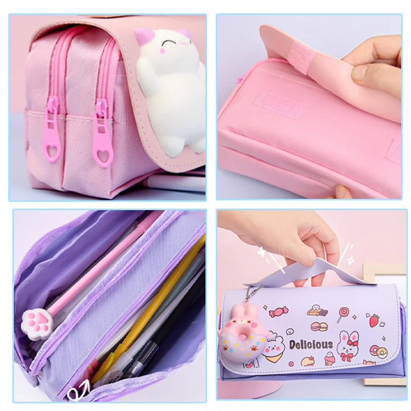 3D Decompression Pencil Case 3 Layers Large Capacity Leather Pencil Box for Girls Pen Bag Pouch Kawaii Stationery School Supplie