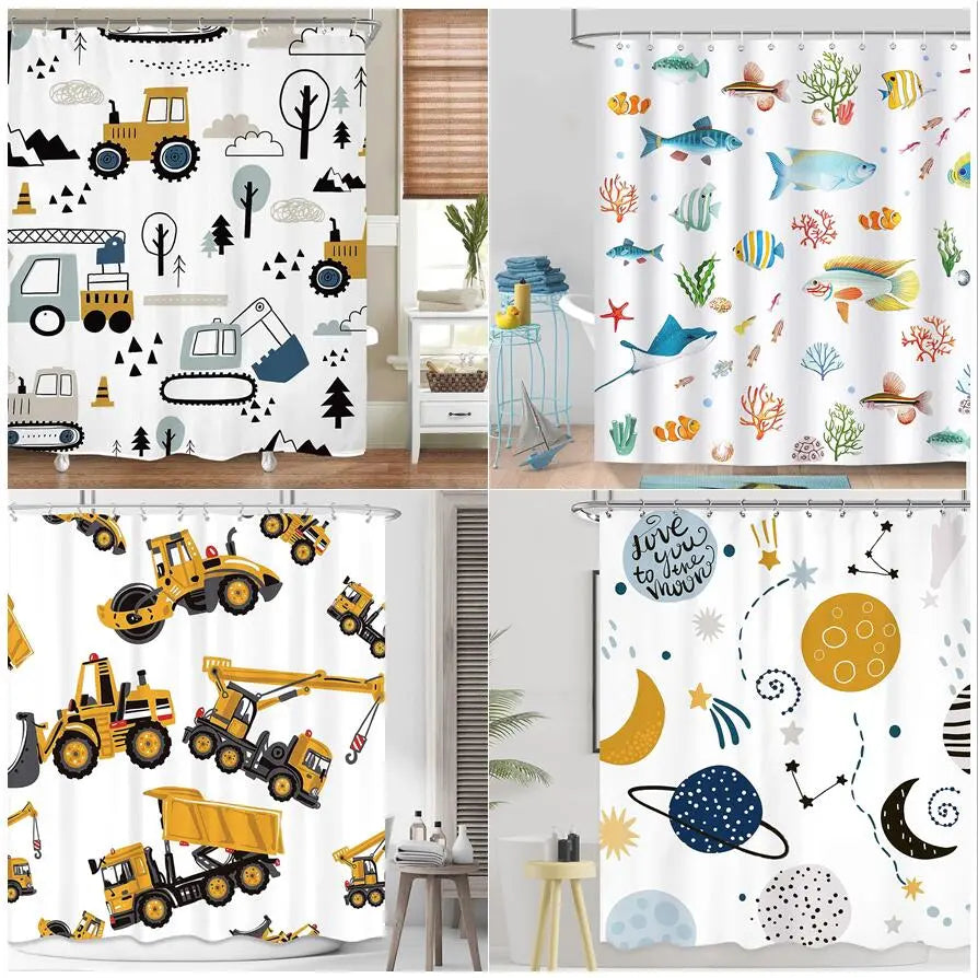 Cartoon Engineering Car Shower Curtains Ocean Animals Fish Cosmos Starry Sky Polyester Fabric Kids Bathroom Decor Set With Hooks