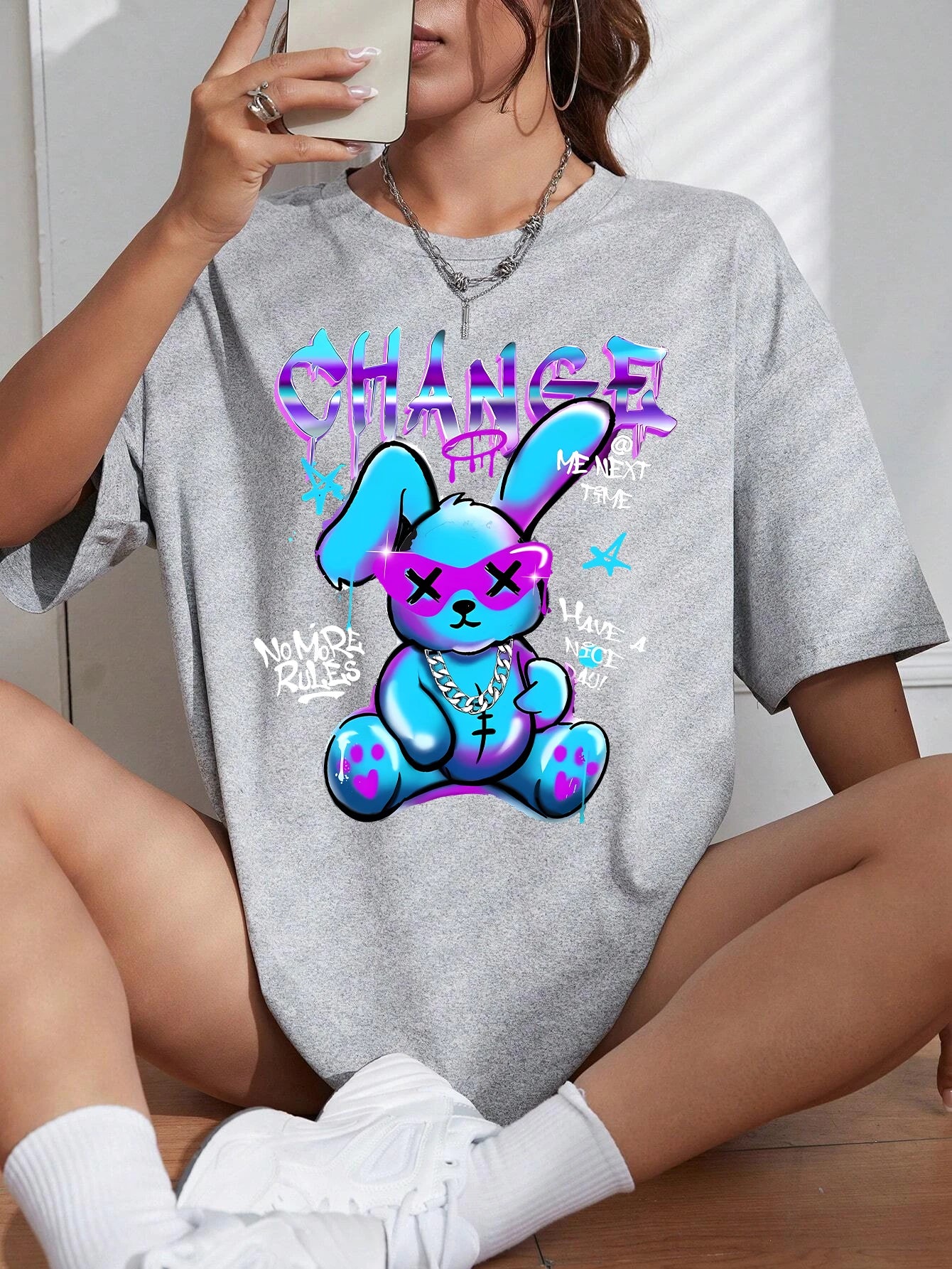 Cartoon Trendy Rabbit Printing Women T Shirt Summer Breathable Tshirt Street Fashion Tees Casual Sport Cool Novel Clothes New