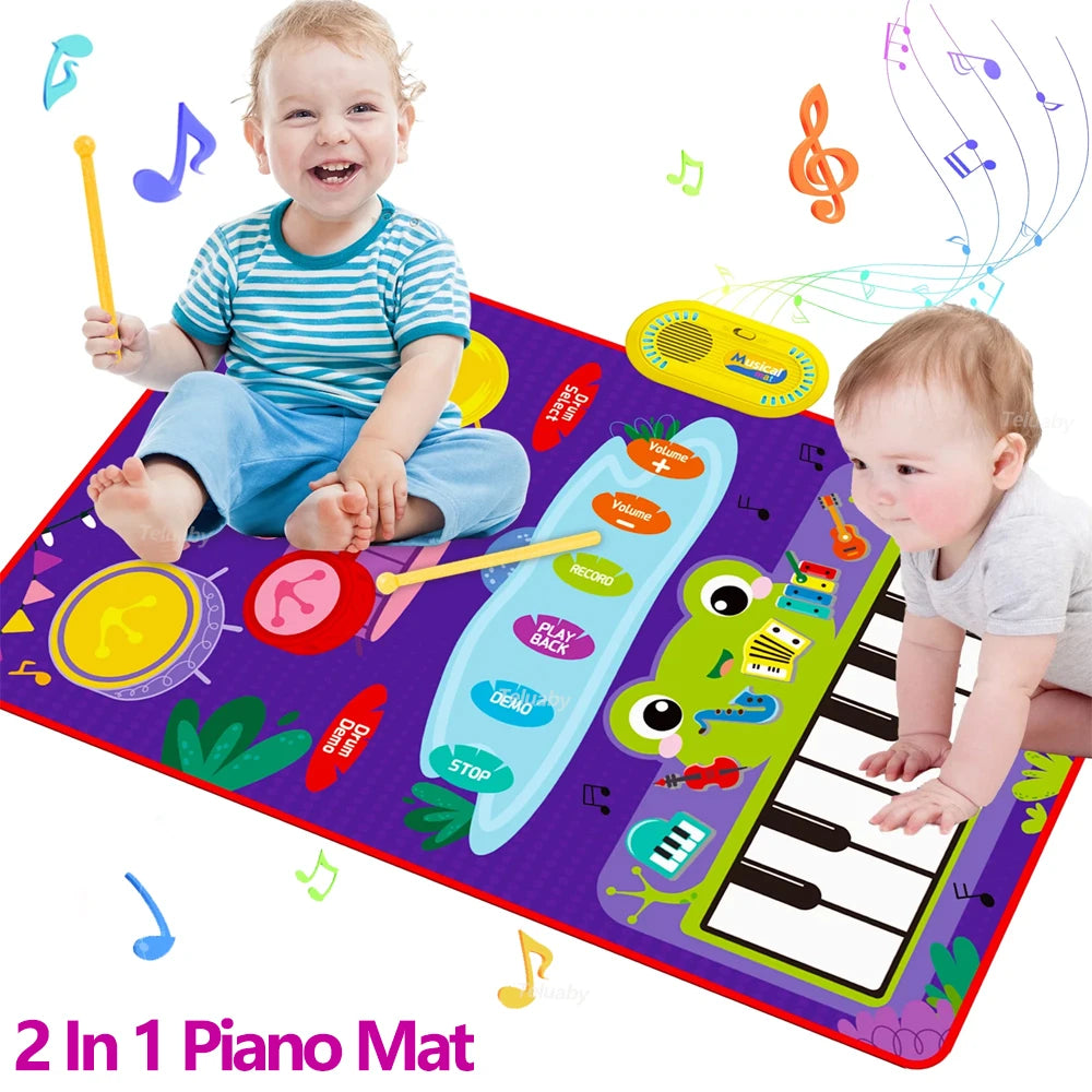 2 In 1 Piano Mat for Kids Toddler Piano & Drum Mat  with 2 Sticks Music Touch Play Carpet Music Instrument Education Toys Gift