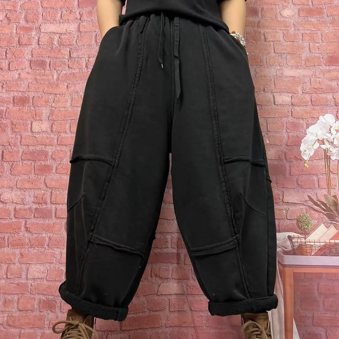 Autumn And Winter Raw Knitted Solid Color Loose Casual Streetwear Elastic Waist Harem Pants Women Drawstring Distressed Trousers