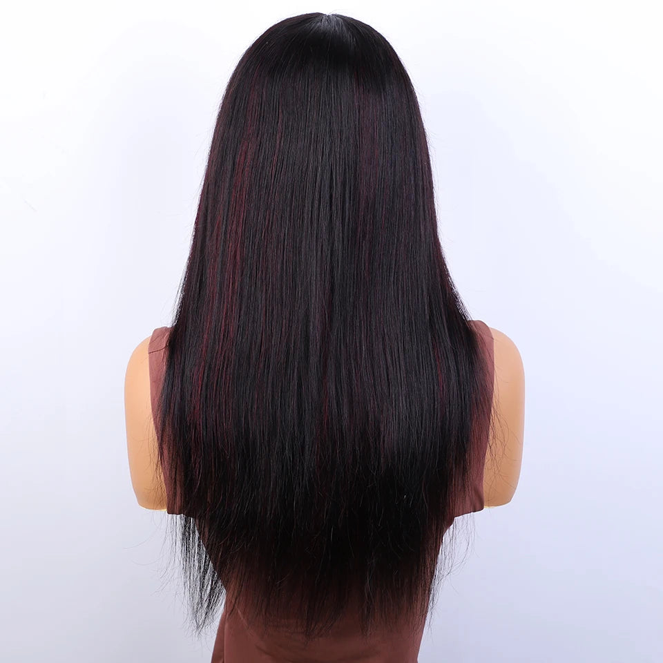 Lekker 24" Long Highlight Burg Red Bone Straight Human Hair Wigs With Bangs For Women Brazilian Remy Hair Full Machine Made Wigs