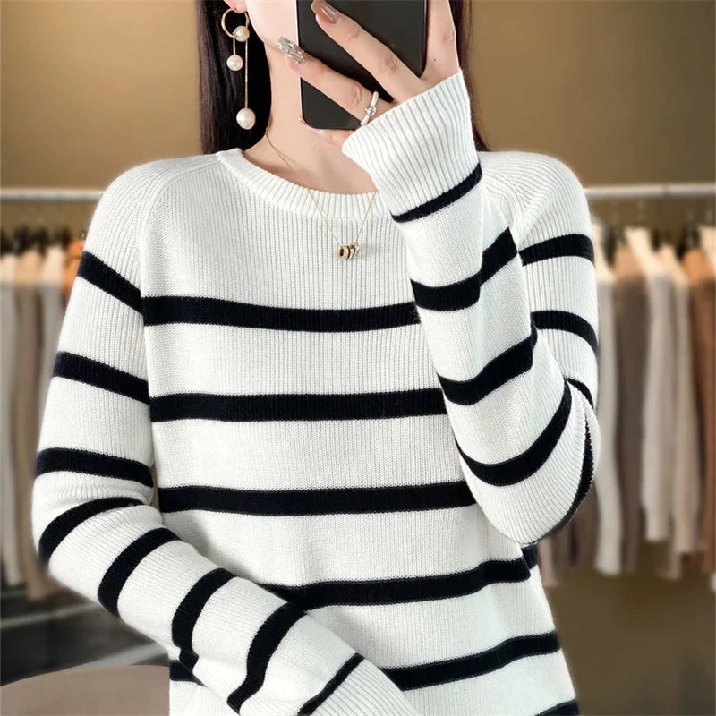 Women's boutique high-end round neck sweater knitted cashmere sweater Women's color matching pullover Long sleeved new cashmere