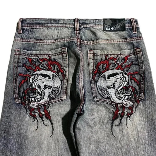 Gothic y2k jeans Hip Hop streetwear Punk Skull Graphic Embroidery Waist Wide Trousers Mens Womens New Blue fashion jeans women