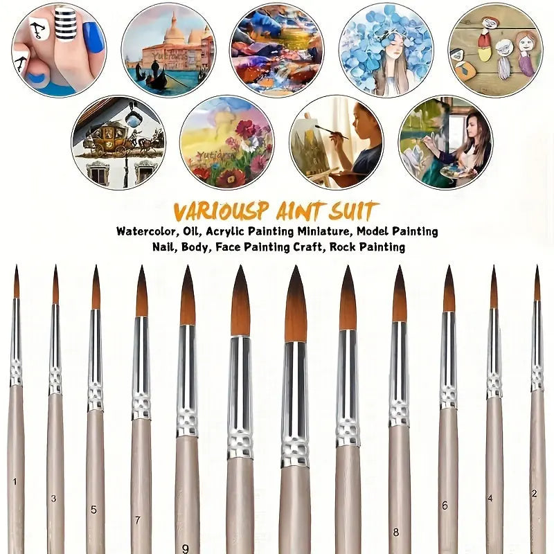 12pcs Professional Paint Brushes Set Round Pointed Tip Nylon Hair Artist Acrylic Brush For Acrylic Watercolor Oil Painting Body