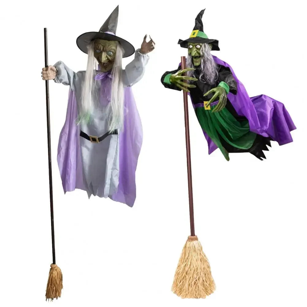 Halloween Flying Witch Decoration Hanging Glowing White Hair Broom Witch Outdoor Garden Yard Decor Large Hovering Witch Prop