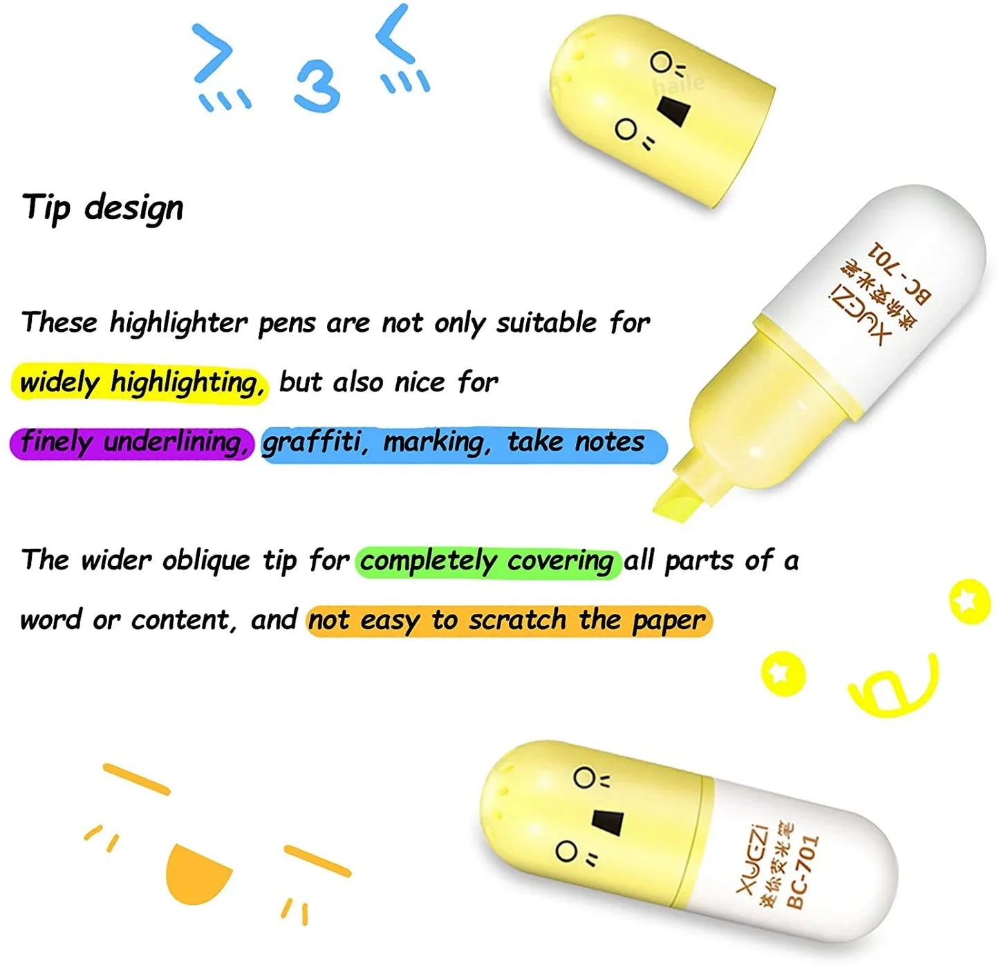 6Pcs Kawaii Mini Pills Highlighter Pen Set Cute Funny Smiling Face Fluorescent Marker Pen School Office Art Stationery Supplie