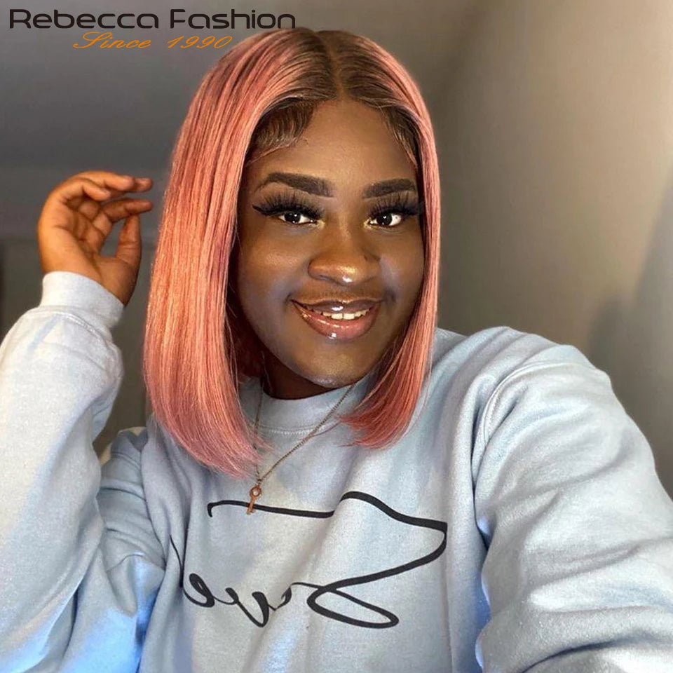 Short Cut Colored Pink Bob T Part Lace Wigs Human Hair Wigs 180D Transparent Ombre Pink Brazilian Straight Lace Front Wigs