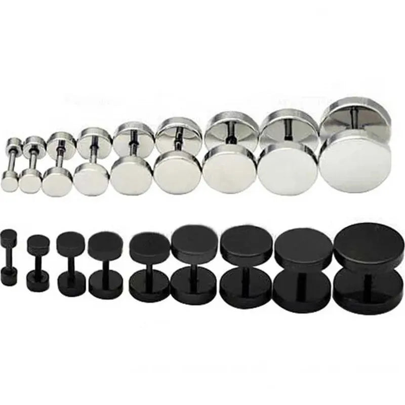 2Pcs Man Women Barbell Punk Gothic Stainless Steel Earring Studs, Black Silver Color Ear Piercing Jewelry