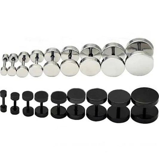 2Pcs Man Women Barbell Punk Gothic Stainless Steel Earring Studs, Black Silver Color Ear Piercing Jewelry
