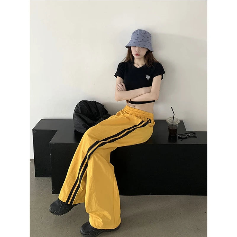 American New High Street Vintage Wide Leg Sporty Pans Women Solid Striped High Waist Pocket Drawstring Loose Straight Trousers