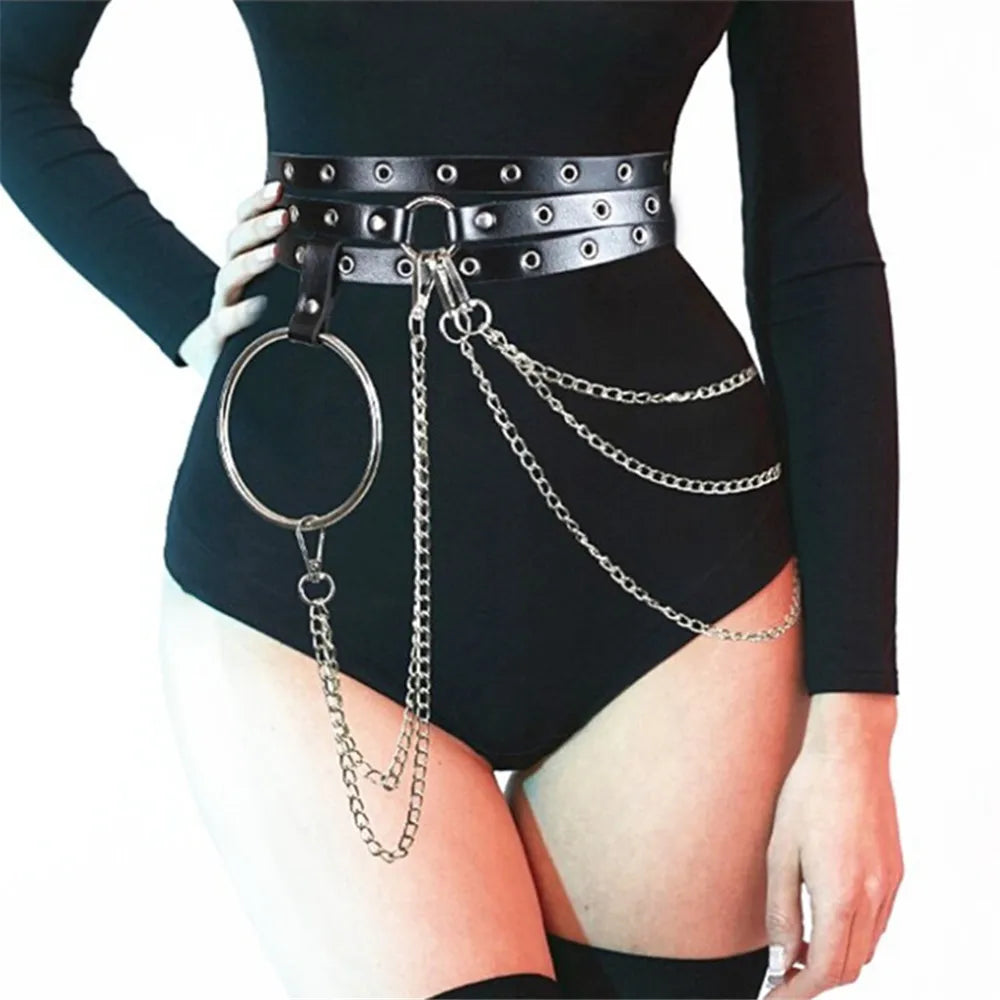 UYEE Goth Waist Chain Punk Belt for Women Multi-layer PU Leather Harness Corset Alloy Metal Rock Nightclub Sexy Jeans Dress Belt