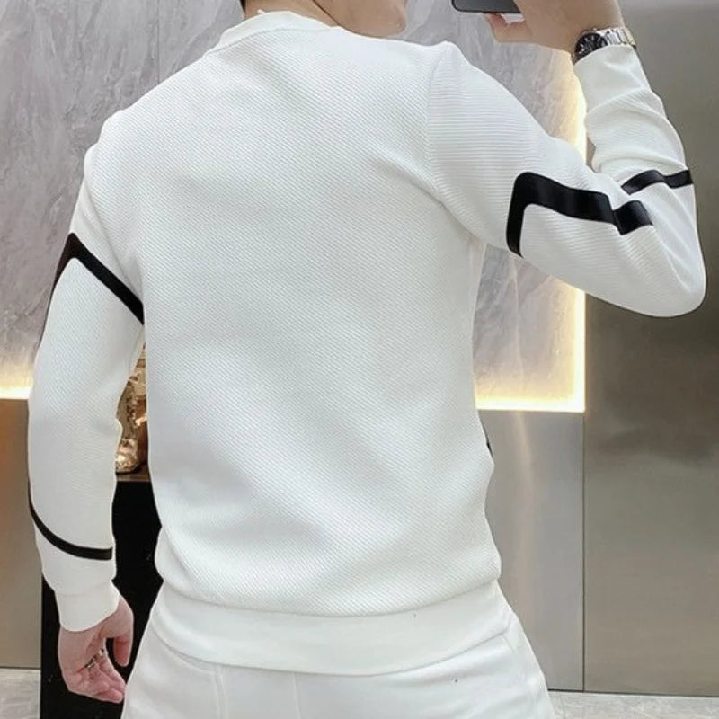 Men's Fashion Trend Zipper Patchwork Contrast Color T-shirt Spring Autumn Casual Loose Long Sleeve Pullovers Tops Male Clothes