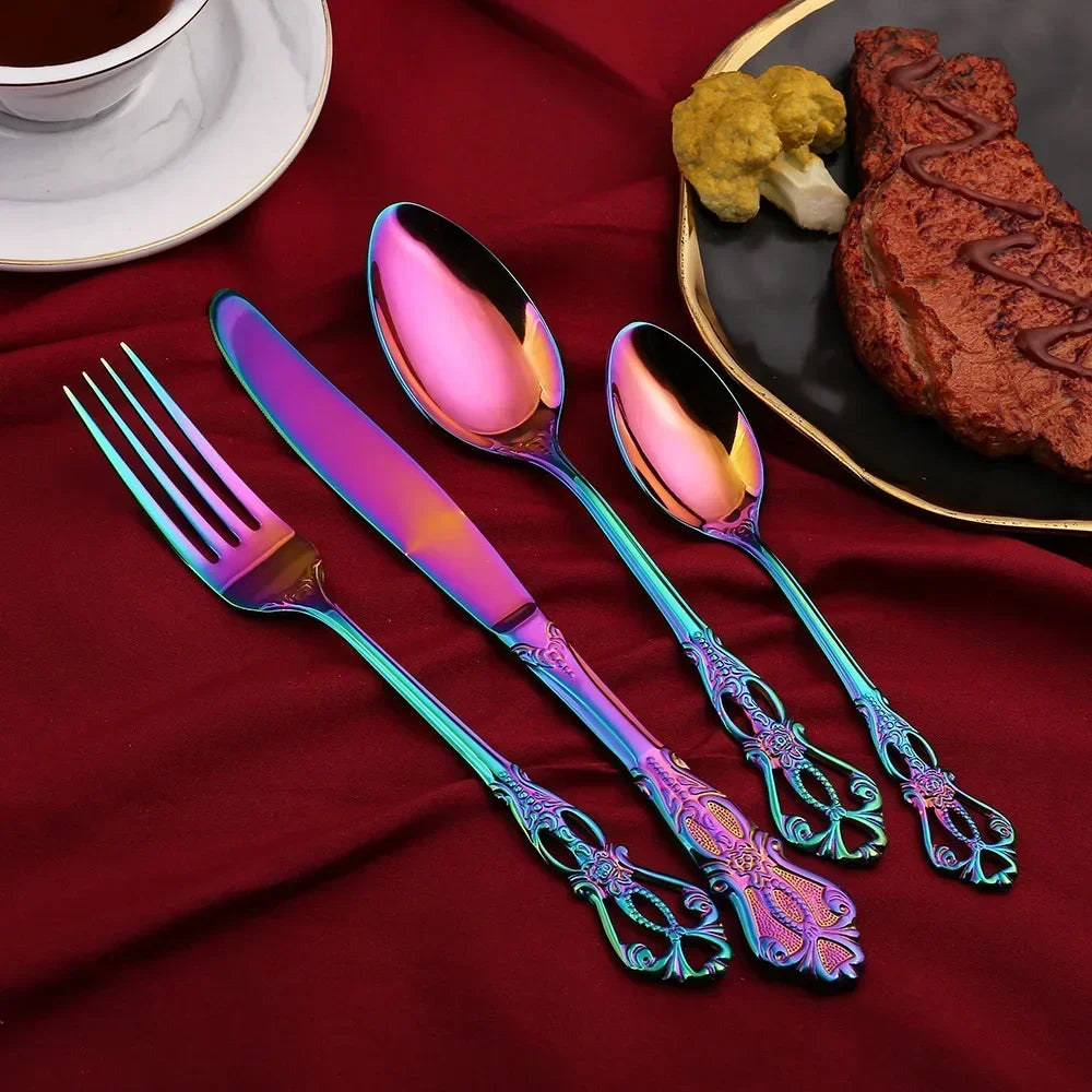 Golden Stainless Steel Cutlery Set Luxury Complete Dinnerware Set Royal Spoon Forks European Gift Box Retro Christmas Tableware