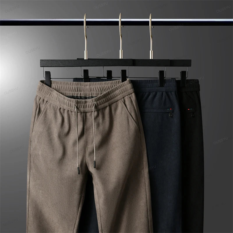 High Quality Autumn Winter Corduroy Pants Men Drawstring Elastic Waist Thick Outdoors Zipper Pocket Casual Trousers Male Gift