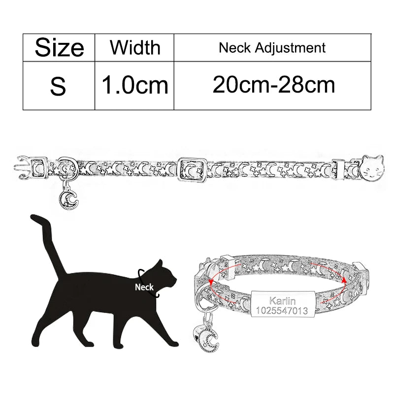 Personalized Name Tag Cat Collar Bell Custom Nameplate Safety Breakaway Cat Collar Adjustable Cute Star Moon Cat Collar Necklace