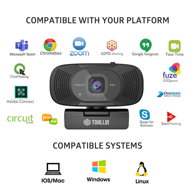 TOALLIN Webcam PC 1080P 30fps Dual Mics Auto-Focus web cam FOV 90° Computer USB Camera No Optical Distortion for Live Streaming