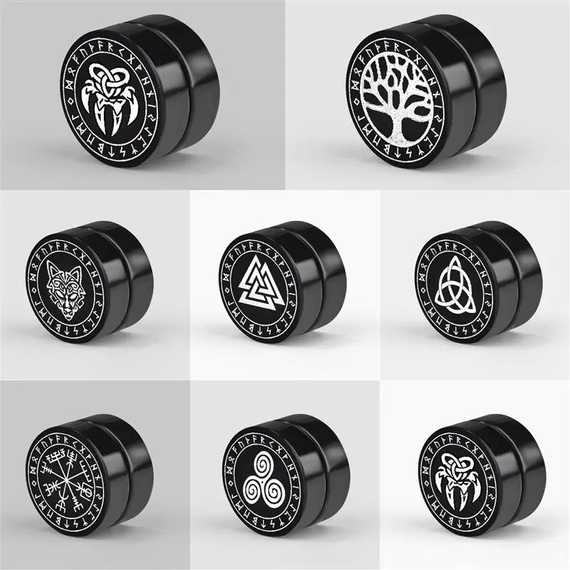 1 Pair Gothic Viking Runes Stud Earrings for Men Boys Rock Punk Stainless Steel Wolf Head Compass Celtic Knot Earrings