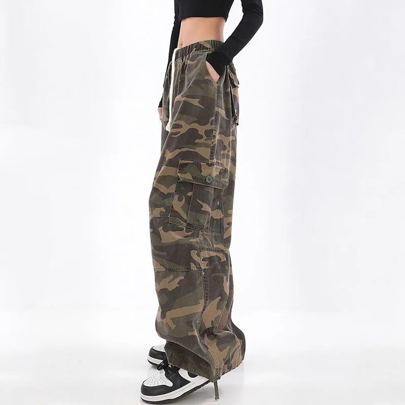 Streetwear Women Oversize Camouflage Cargo Pants Drawstring Elastic Waist Pockets Spring Autumn Vintage Fashion Casual Trousers