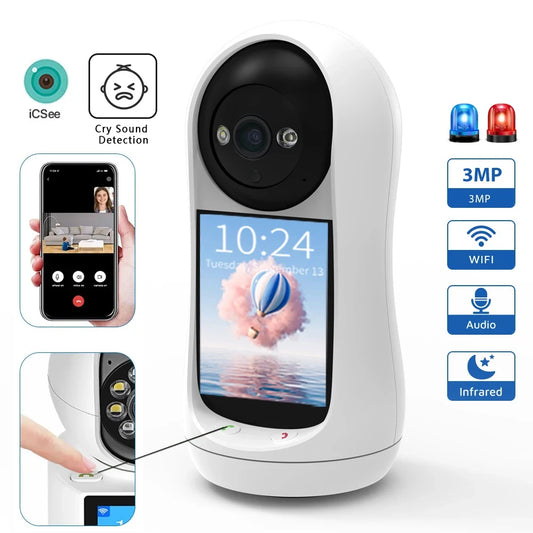 NEW 3MP PTZ Wifi Camera Video Call with 2.8 Inch IPS Screen Baby Cry Sound Detection Security IP Camera Baby Monitor iCSee