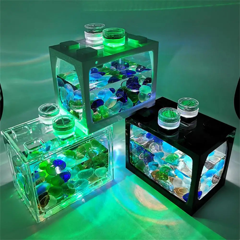 1/2PCS New Small Fish Tank With Seven-color LED Lights Desktop Creative Micro Landscape Ecological Tank Mini Tropical Fish