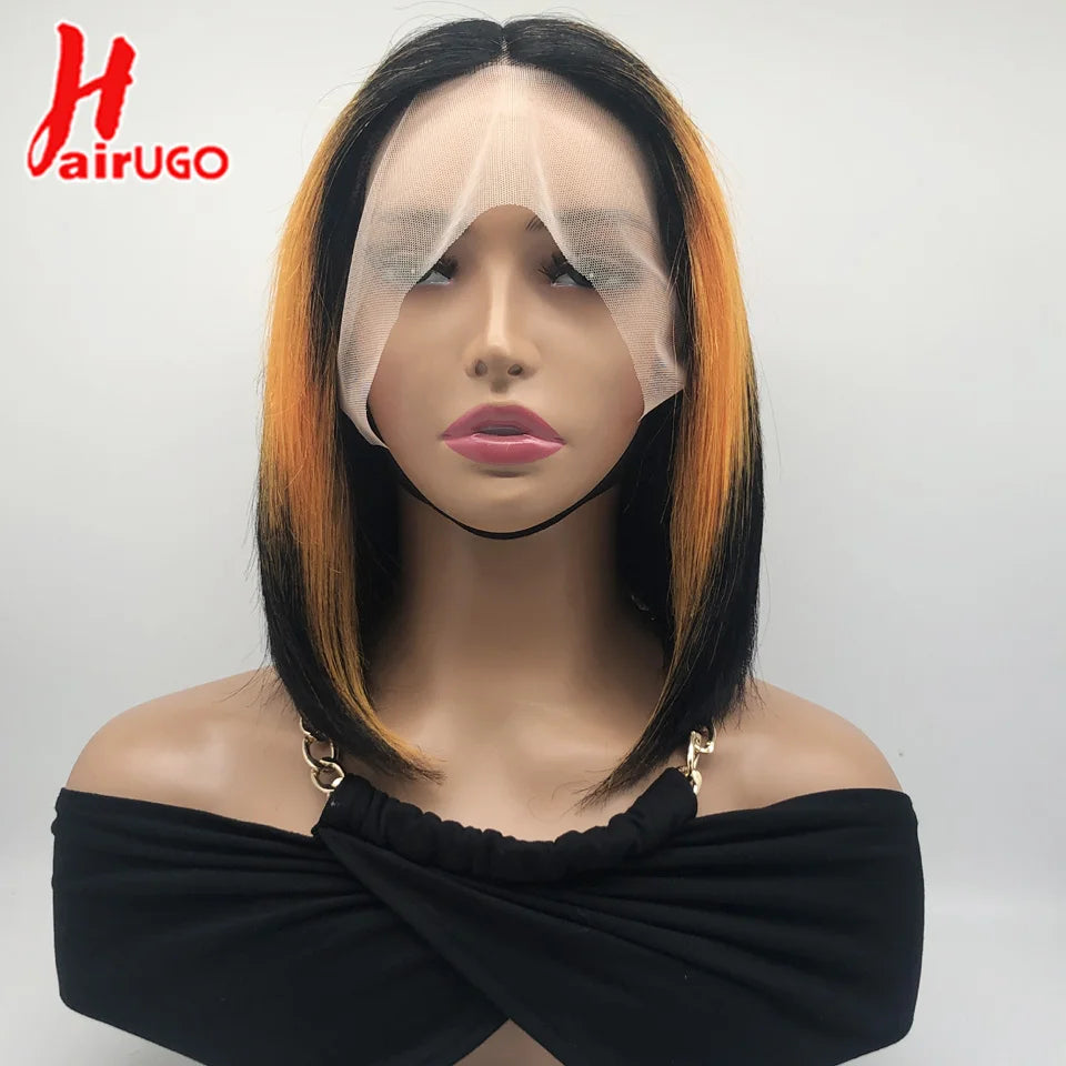 Rainbow Bob Wigs Highlight Orange T Lace Wigs Brazilian Remy T Lace Front Human Hair Wigs For Women Transparent Bone Wig HairUGO