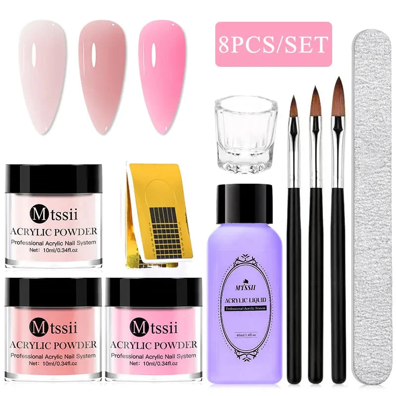 Nail Crystal Powder Kit Acrylic Liquid Set With Nail Brush Pink White Nails Powder For Nails Extension Carving Beginner Set