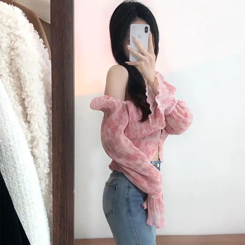 Clothing Chiffon Women's Shirts and Blouses Frill Top for Woman Pink Ruffle Off Shoulder Crop Trend 2024 Cool Fashion Y2k Tunic