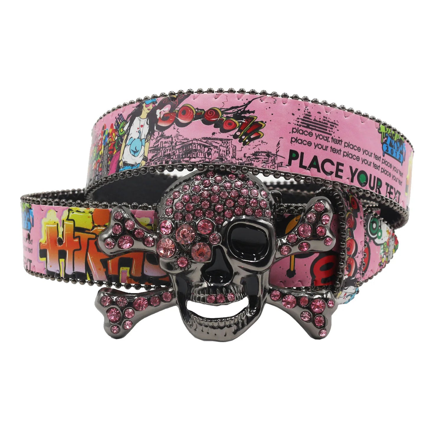 Big Skull Punk Black Rhinestone Belt Ladies Designer Belt Diamond Soldier Belt Western Cowboy Y2K Fashion Belt Hip Hop Graffiti