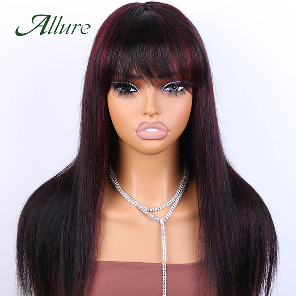 Brazilian Straight Human Hair Wigs for Women Ombre Glueless Wig With Bangs 180% Density Burgundy Colored Hair Long Wigs Allure