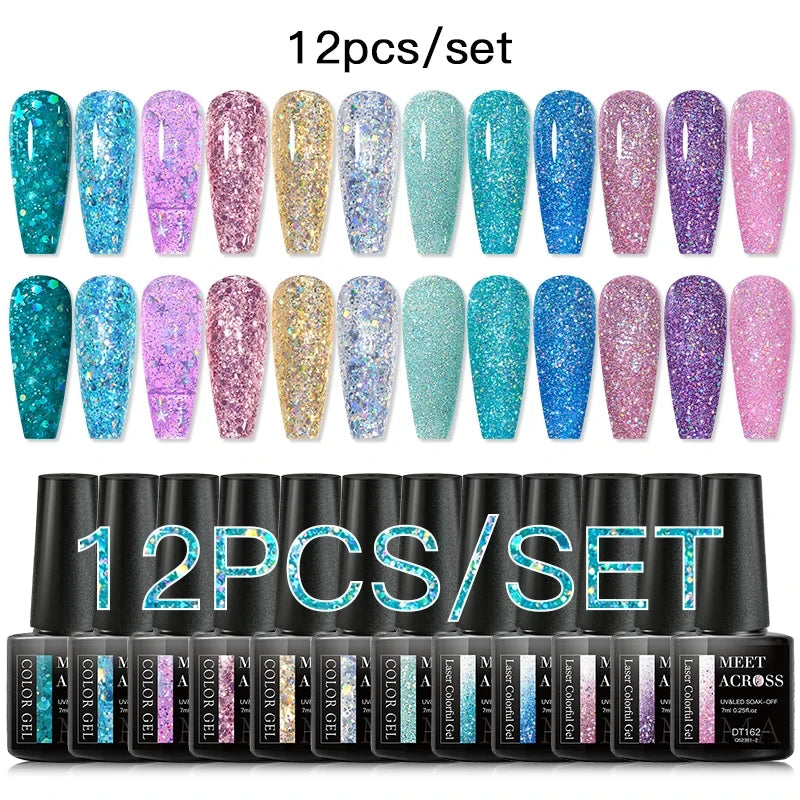 12pc Glitter Cat Magnetic Gel Set Cat Gel Eyes Polish Holographic Reflective Semi Permanent UV Gel Soak Off Sparkling Nail Art